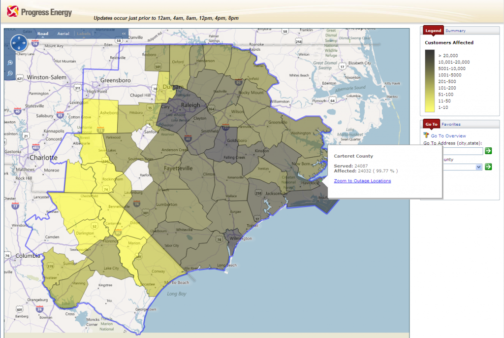 Progress Energy North Carolina Power Outage Map at 13:00 on Saturday August 27th 2011