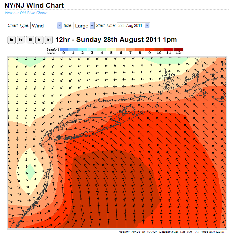 Wind forecast for New York City for 13:00 UTC on Sunday August 28th 2011