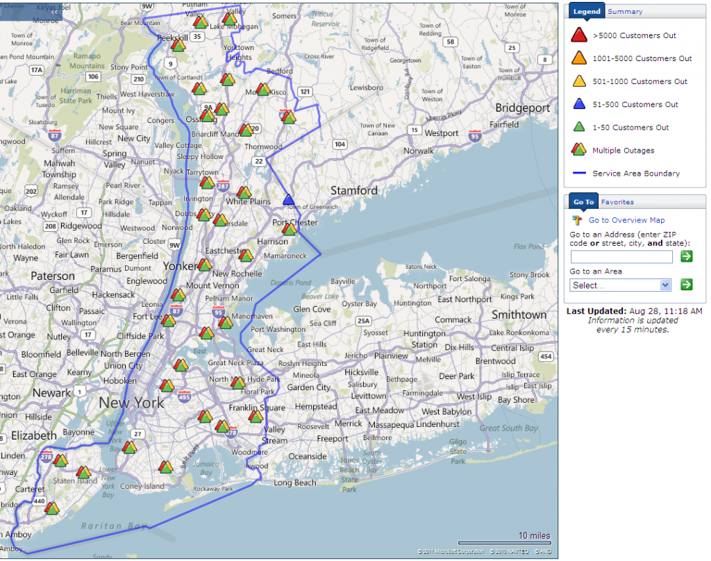 Con Edison Power Outage Map for New York City at 11:18 on Sunday August 28th 2011