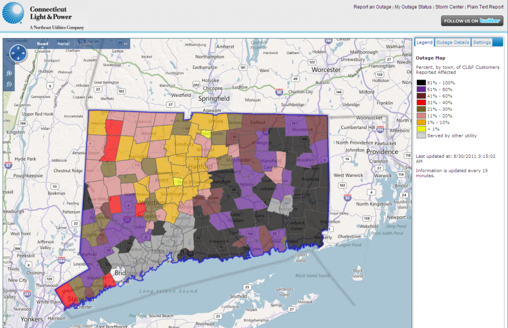 Connecticut Light & Power Outage Map at 3:30 AM on Tuesday August 30th
