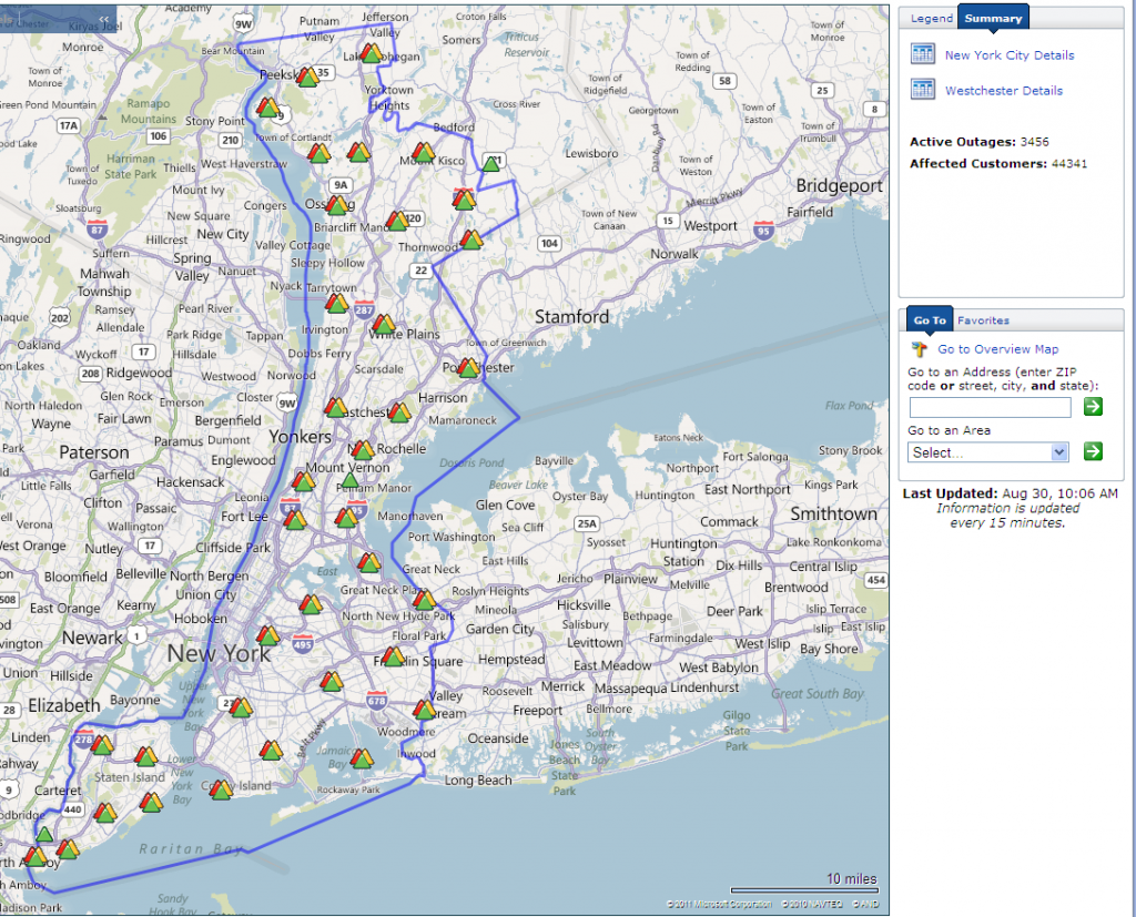 Con Edison Power Outage Map for New York City at 10:04 on Tuesday August 30th 2011