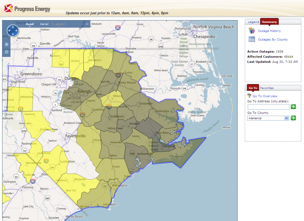 Progress Energy Power Outage Map for North Carolina at 10:30 on Tuesday August 30th 2011