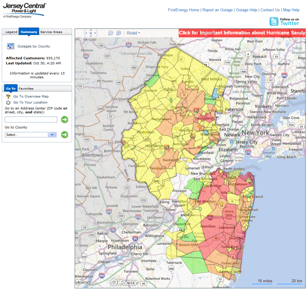 First Energy power outage map for New Jersey Central at 4:20 AM EDT on October 30th 2012