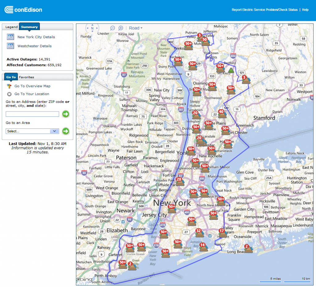 Power Outage Map for New York City at 08:30 on Thursday November 1st 2012
