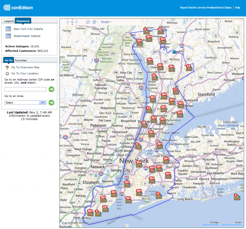 Con Edison power outage map for New York at 7:49 AM EDT on Friday November 2nd 2012