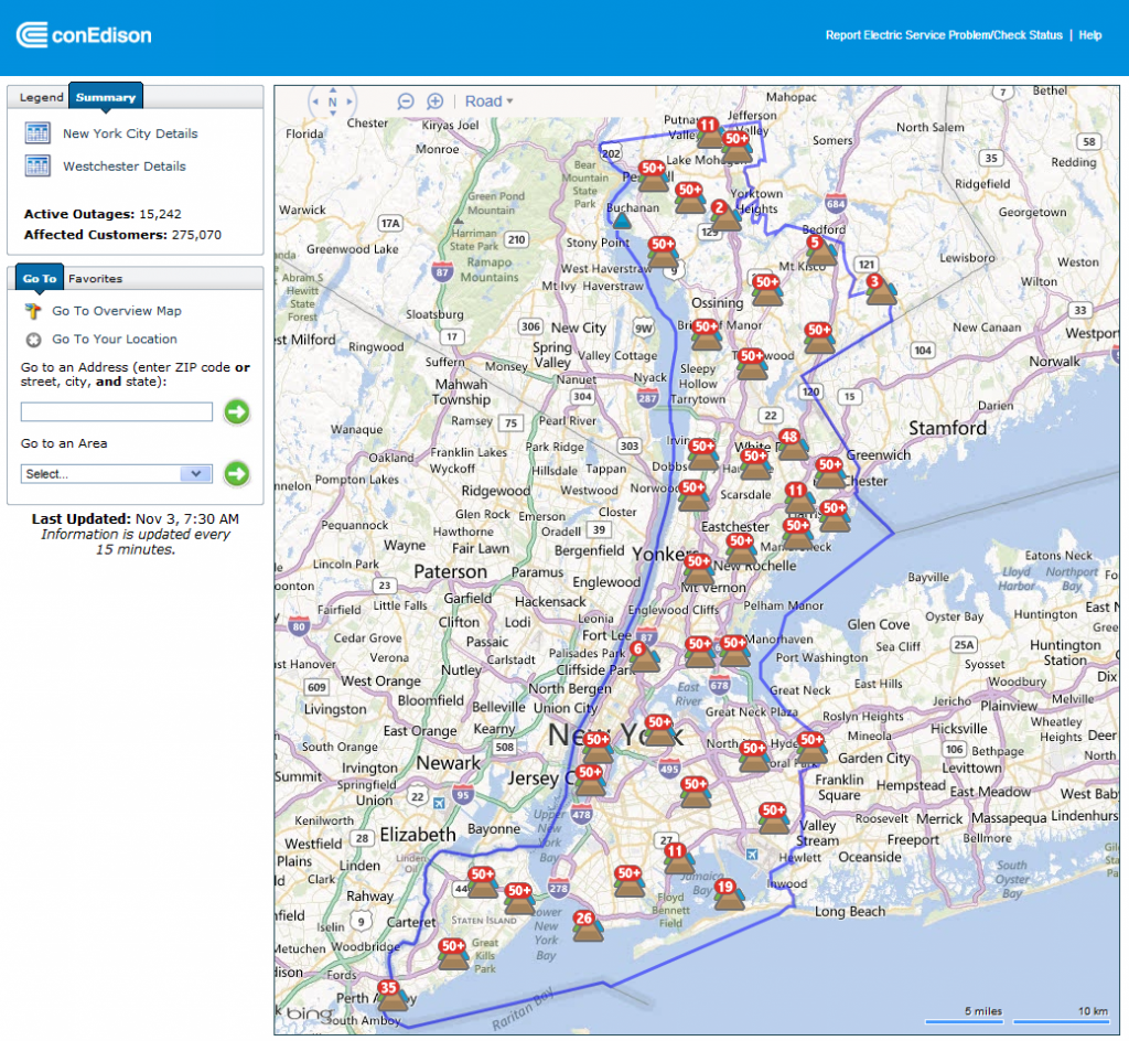 Con Edison power outage map for New York at 7:30 AM EDT on Saturday November 3rd 2012
