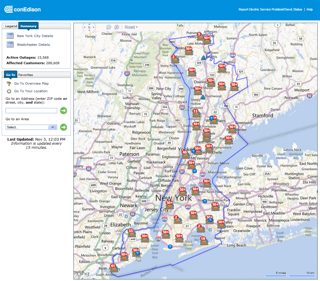Con Edison power outage map for New York at 12:03 PM EDT on Saturday November 3rd 2012