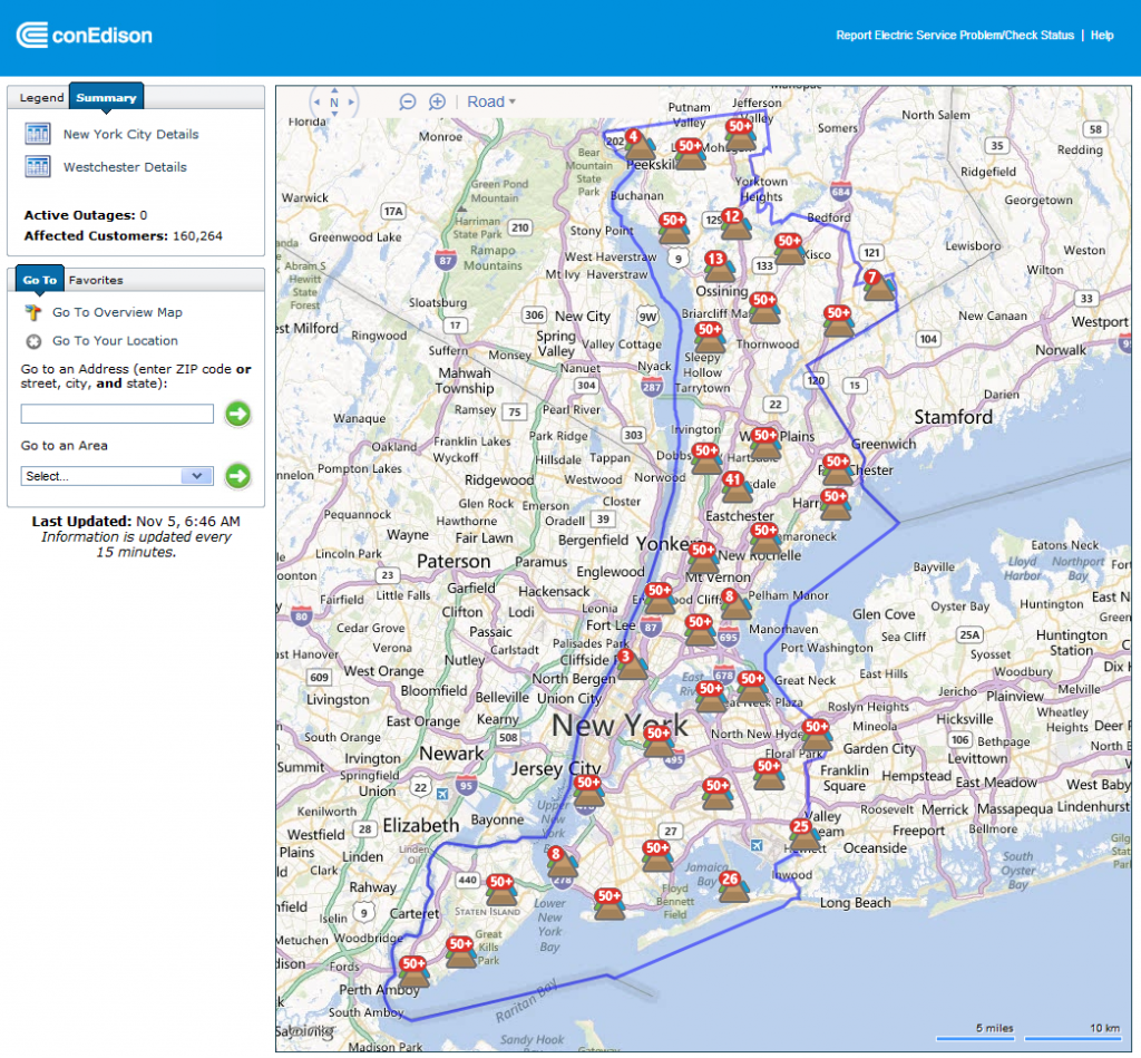 Con Edison Power Outage Map for New York at 6:46 AM EDT on November 5th 2012