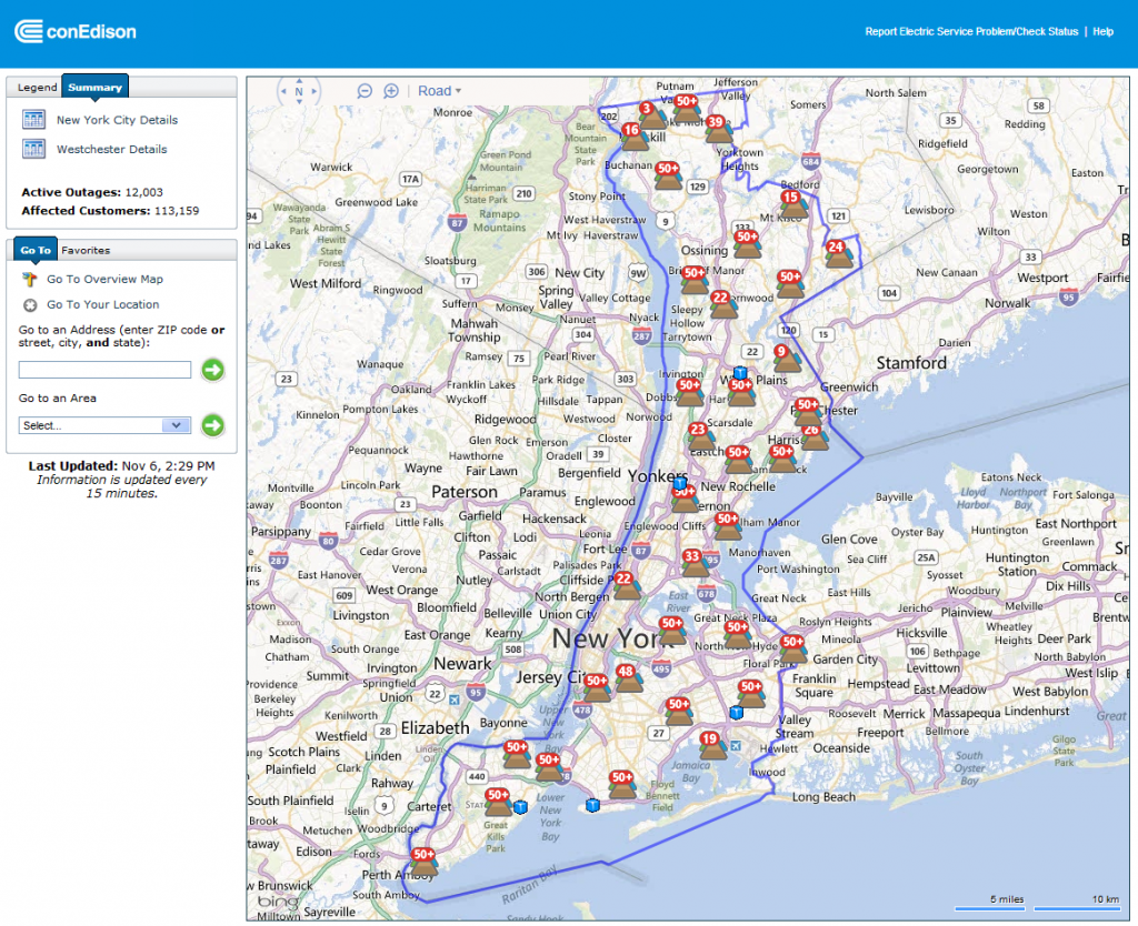 Outage and Dry Ice Distribution Map for New York at 2:29 PM EDT on November 6th 2012