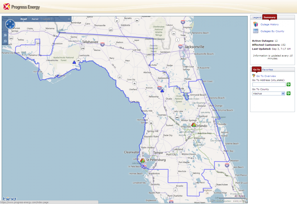Progress Energy Power Outage Map for Northern Florida at 7:17 AM on Saturday September 3rd 2011