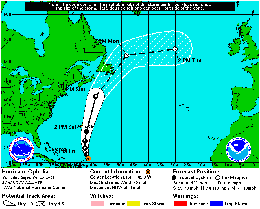 The National Hurricane Center 5 day forecast for Hurricane Ophelia at 21:00 UTC on Thursday September 29th 2011