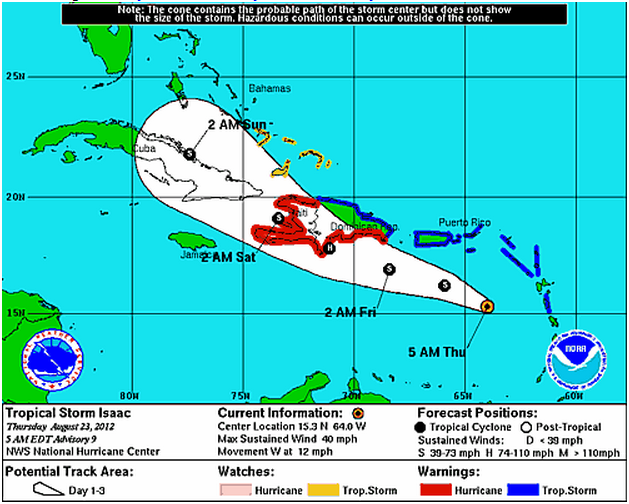 NHC predicted path of Tropical Storm Isaac at 5 AM EDT on August 23rd 2012