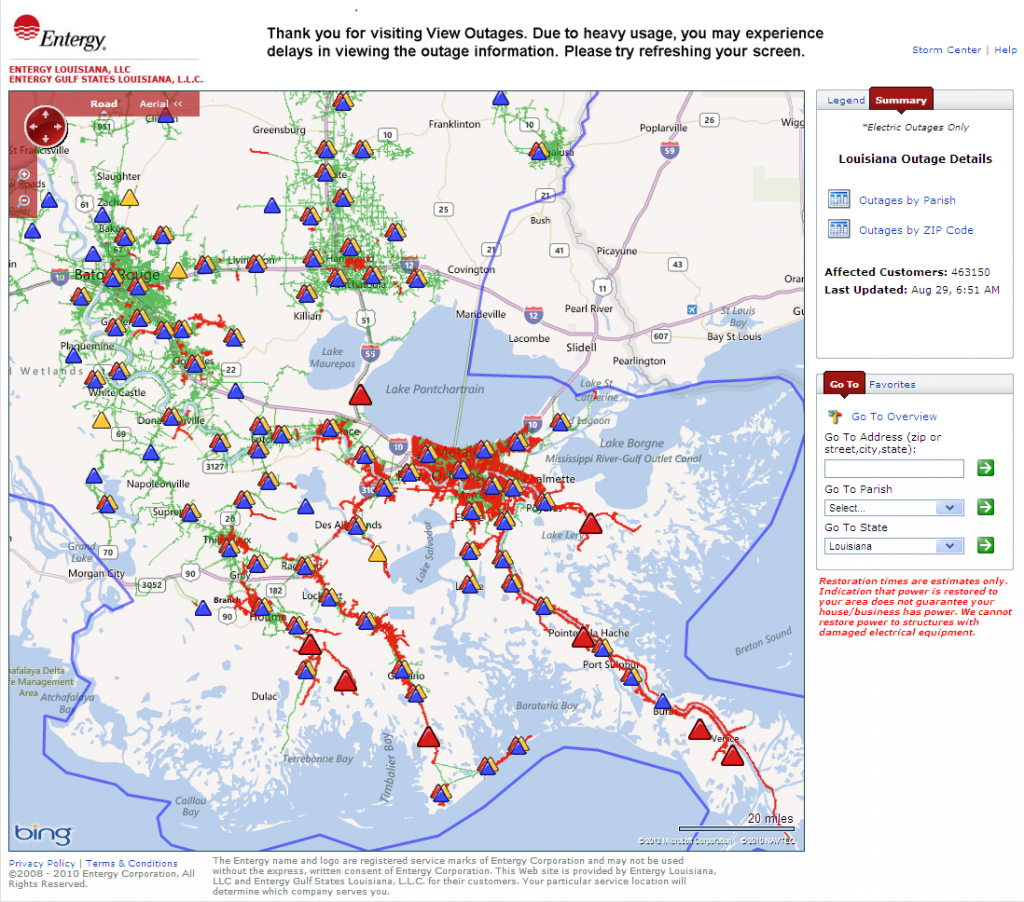 Power outage map for southern Louisiana at 6:51 AM on Wednesday August 29th 2012