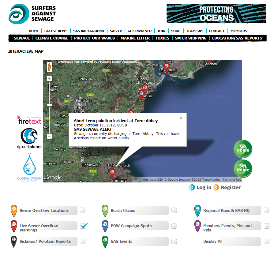 Surfers Against Sewage map of spills in the South West at 11:15 BST on 11th October 2012