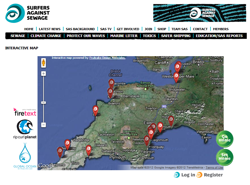Surfers Against Sewage map of spills in the South West at 13:10 BST on 12th October 2012