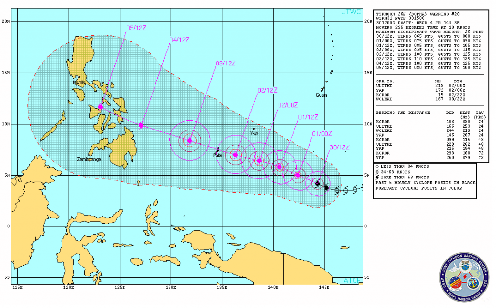 The 5 day forecast for Typhoon Bopha on Friday 30th November 2012