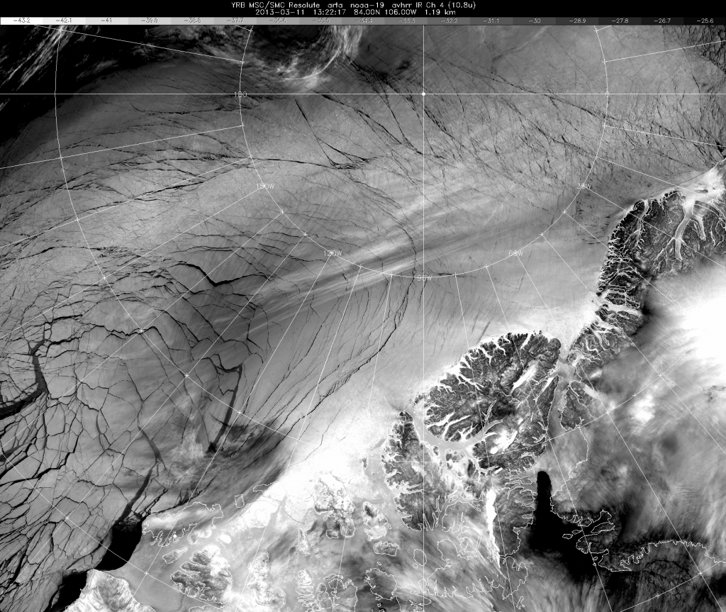 Multi-year Arctic sea ice cracking at the seams north of Ellesmere Island at 13:21 GMT on March 11th 2013