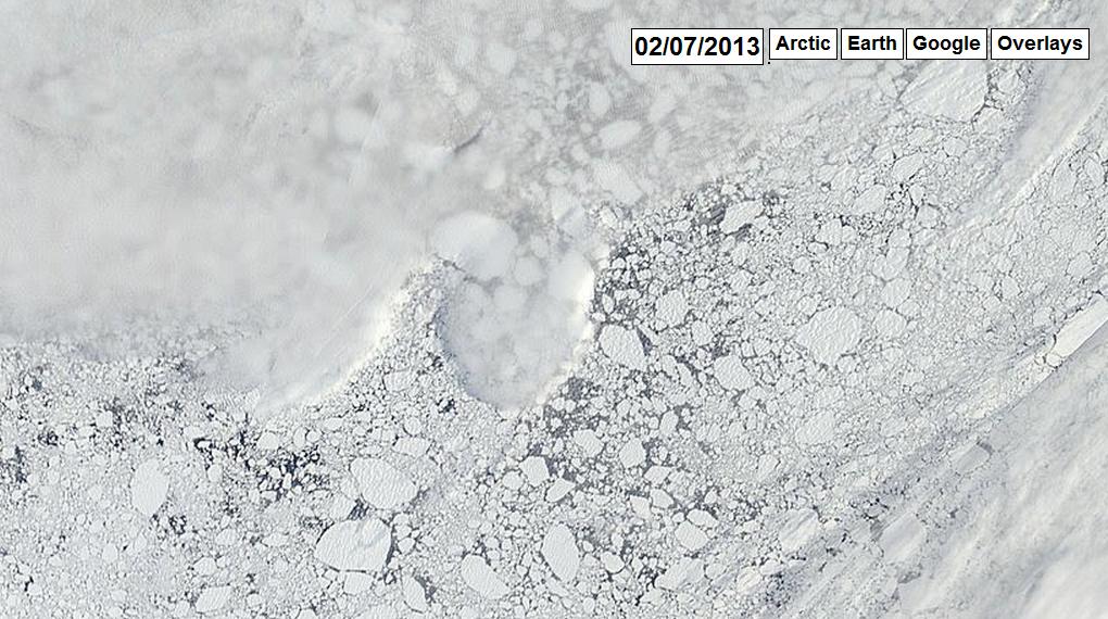 Satellite image of sea ice near the North Pole on July 2nd 2013, courtesy of arctic.io
