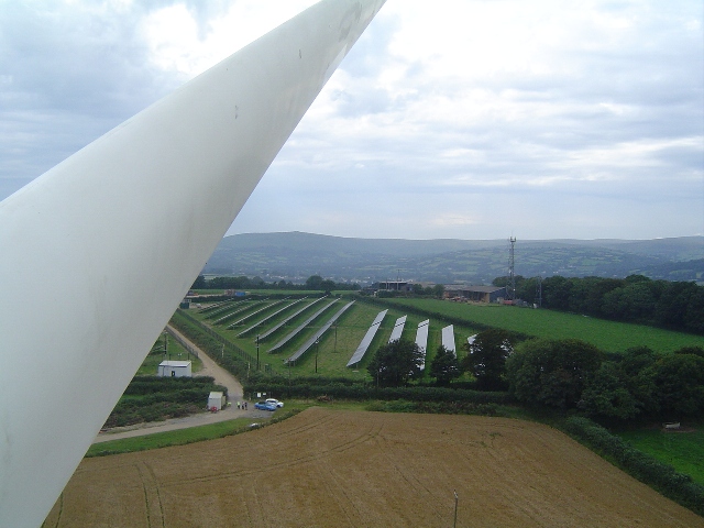 A view of the Marley Thatch solar PV from the top of the SBCES wind turbine