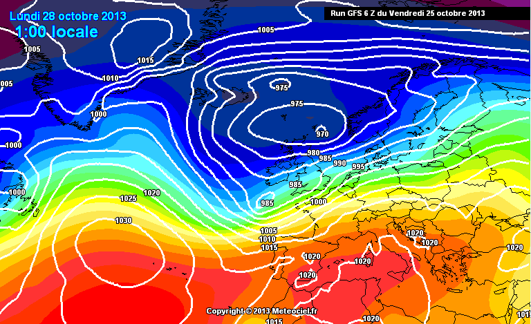 GFS model surface level pressure forecast for Monday October 28th 2013 