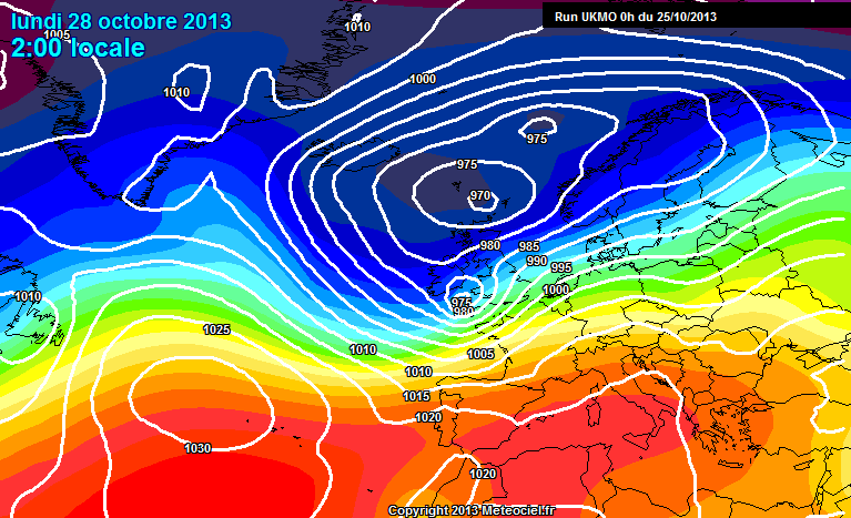 UK Met Office model surface level pressure forecast for Monday October 28th 2013
