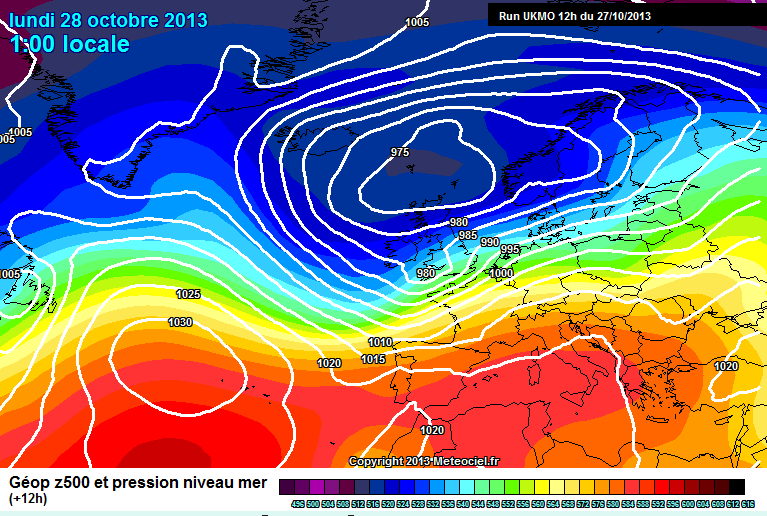 UK Met Office model surface level pressure forecast for early on Monday October 28th 2013