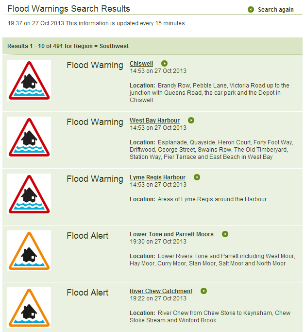 Flood warnings for South West England on the evening of October 27th 2013
