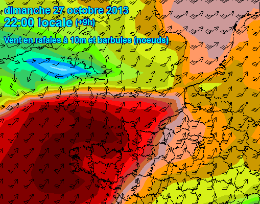 GFS model maximum wind gust forecast for 22:00 on Sunday October 27th 2013