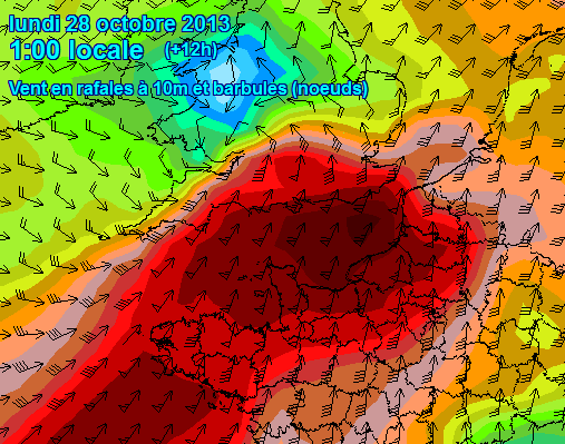 GFS model maximum wind gust forecast for 01:00 on Monday October 28th 2013