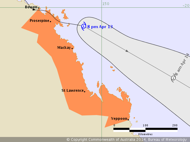 Forecast track for Tropical Cyclone Ita at 7:57 pm EST Sunday 13 April 2014
