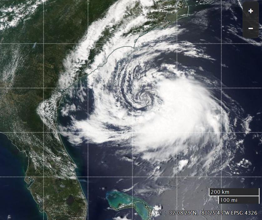 NASA Worldview “true-color” image of Tropical Storm Ana on May 8th, derived from bands 1, 4 and 3 of the MODIS sensor on the Aqua satellite